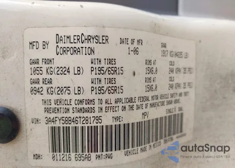 2006 Chrysler Pt Cruiser Touring from USA, damaged, VIN 3A4FY58B46T281795